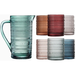 Hobnail Beaded Pitcher Tumbler Glasses Set Set Of 6 Glasses Carafe
