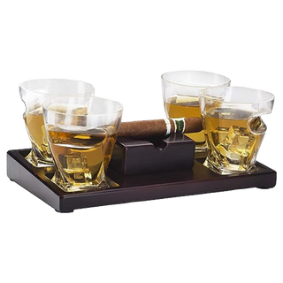 Cigar Glasses Tray Ash Tray 4 Whiskey Cigar Glasses Slot To Hold Cigar Whiskey Glass