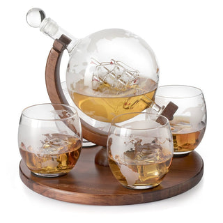 World Decanter With 4 Glasses Globe Premium Barware Gift Elegant Drinkware Collection