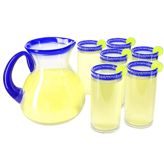 Hand Blown Mexican Drinking Glasses And Pitcher Set Of 6 Glasses With Cobalt Blue Rims 14 Oz Each An