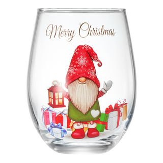 Stemless Christmas Gnome Wine Glass Single Red Green Cheer For Holiday Gift And Winter Season 17 Oz