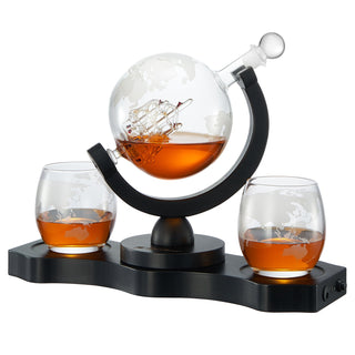 Rotating Whiskey Decanter Globe Set With 2 10OZ Etched Whiskey Glasses 29 Oz Moving Interactive Worl