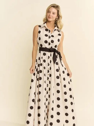Polka Dot Button Down Belted Dress