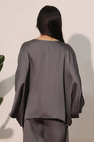 Hammered Graphite Satin Caftan Top