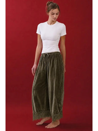Sweet Velvet Lace-Hem Pants - Thyme