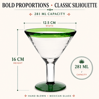 Hand Blown Green Detailed Margarita Glasses Set Of 4 By Luxury Mexican Glassware Thi