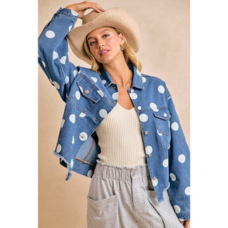 POLKA DOT CROPPED DENIM JACKET WITH FRAYED HEM BUTTON