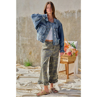 CAMOUFLAGE DENIM RUFFLED HEM MID RISE BLOOMER PANTS