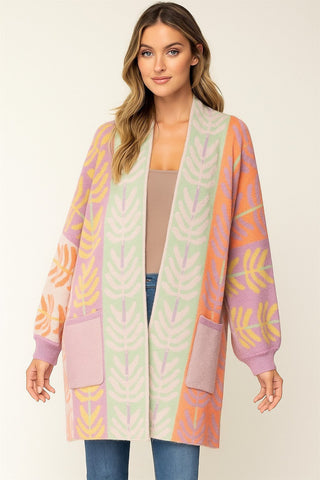 Abstract Leaf Pattern Jacquard Knit Open Cardigan - Boutique Bella BellaCardigan