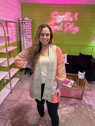 Abstract Leaf Pattern Jacquard Knit Open Cardigan - Boutique Bella BellaCardigan