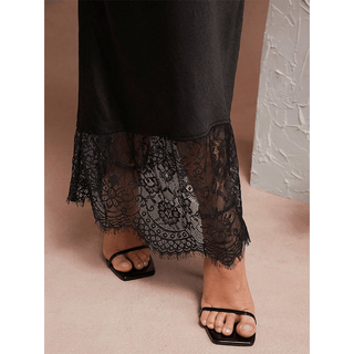 Acetate Satin Lace Trim Mermaid Midi Skirt Black - Boutique Bella BellaSkirt