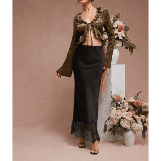 Acetate Satin Lace Trim Mermaid Midi Skirt Black - Boutique Bella BellaSkirt