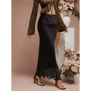 Acetate Satin Lace Trim Mermaid Midi Skirt Black - Boutique Bella BellaSkirt