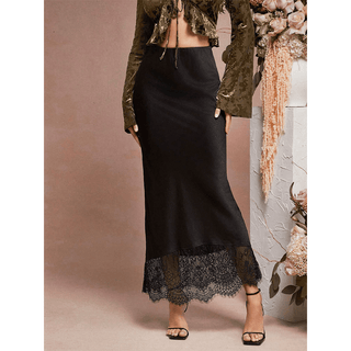Acetate Satin Lace Trim Mermaid Midi Skirt Black - Boutique Bella BellaSkirt