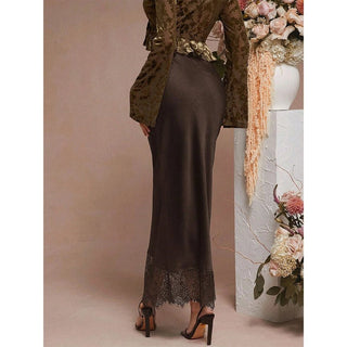 Acetate Satin Lace Trim Mermaid Midi Skirt Brown - Boutique Bella BellaSkirt