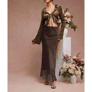 Acetate Satin Lace Trim Mermaid Midi Skirt Brown - Boutique Bella BellaSkirt