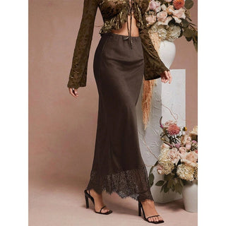 Acetate Satin Lace Trim Mermaid Midi Skirt Brown - Boutique Bella BellaSkirt