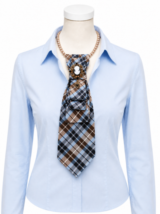 Custom Necktie Necklace - Blue and Brown Plaid w Cameo Brooch