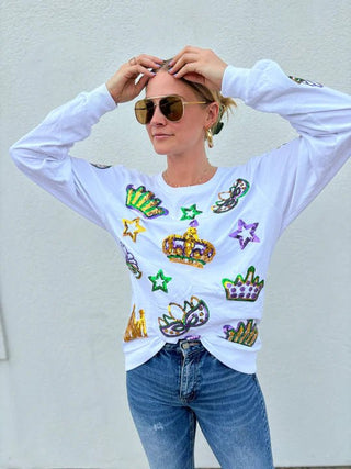 Adult Crowns and Masks French Terry Light Weight Pullover - White - Boutique Bella BellaTops