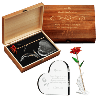 Anniversary Birthday Everyday 24k Gold Rose Love Box For Wife Her Women Engraved Wooden Set - Boutique Bella Bella