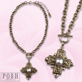Antique look cross pendant on toggle chain necklace - Boutique Bella BellaNecklaces