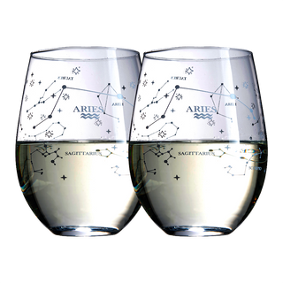 Set Of 2 Zodiac Sign Wine Glasses With 2 Wooden Coasters By Astrology Drinking Glass