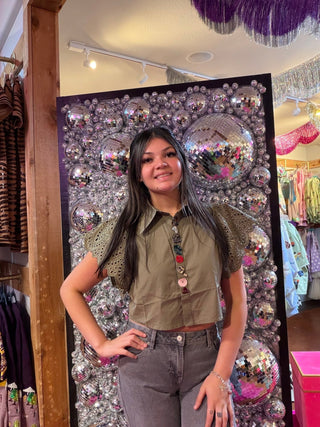 Artful Button-Up Crop - Olive - Boutique Bella BellaBlouse