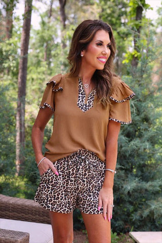Ava Flutter Sleeve Blouse Safari Chic - Boutique Bella BellaBlouse