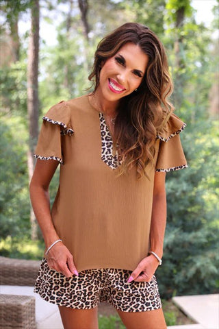 Ava Flutter Sleeve Blouse Safari Chic - Boutique Bella BellaBlouse