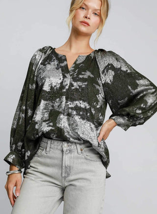 Avocado And Metallic Silver Blouse - Boutique Bella BellaTop