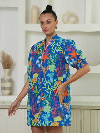 Azure Blue Coral Reef Printed Mini Dress - Boutique Bella BellaDress
