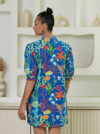 Azure Blue Coral Reef Printed Mini Dress - Boutique Bella BellaDress