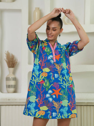 Azure Blue Coral Reef Printed Mini Dress - Boutique Bella BellaDress