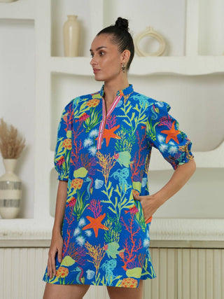 Azure Blue Coral Reef Printed Mini Dress - Boutique Bella BellaDress