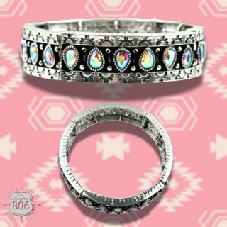 Silver and iridescent stretch western bracelet