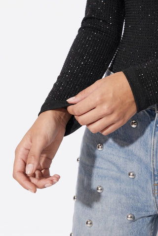 Rhinestone Embellished Mock Neck Long Sleeve Top