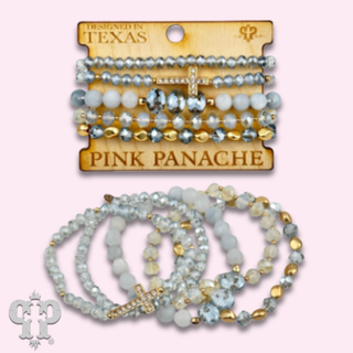 Faceted bead multi-strand bracelet stack, rhinestone cross