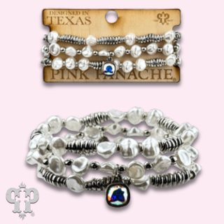 Acrylic pearl bead bracelet stack with Austrian crystal charm
