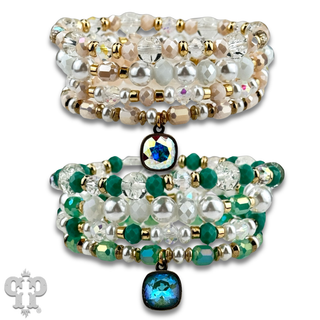Pearl, glass and gold bead bracelet with Austrian crystal