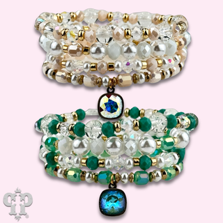 Pearl, glass and gold bead bracelet with Austrian crystal