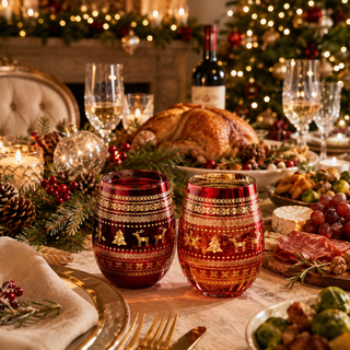 Crystal Christmas Tree Wine Water Glasses Set Of 2 Holiday Themed Red Gold Etched Winter Snow Wonder