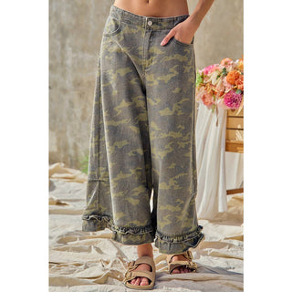 CAMOUFLAGE DENIM RUFFLED HEM MID RISE BLOOMER PANTS