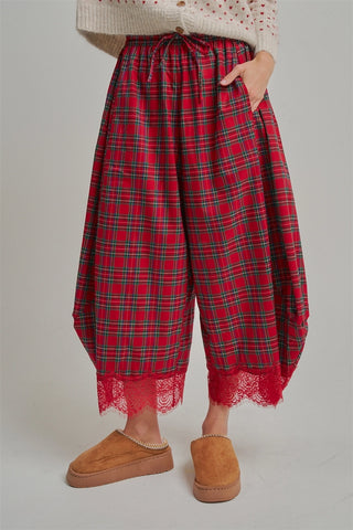 Tartan Tidings Lace Barrel Pants - Red