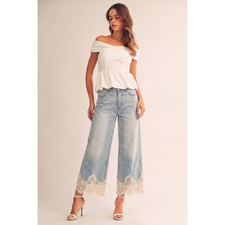 Lace Hem Vintage Washed Wide Leg Denim Pants (Preorder)