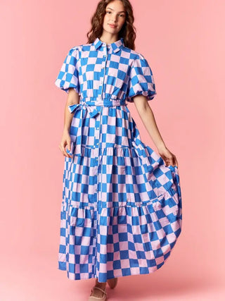 Checkered Print Puff Sleeve Cotton Maxi Dress