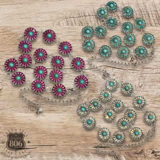 Western flower rhinestone concho link belt