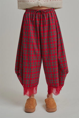 Tartan Tidings Lace Barrel Pants - Red