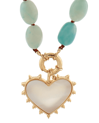 Beaded Necklace - Blue Bead with Gold Heart Pendant - Boutique Bella BellaNecklaces