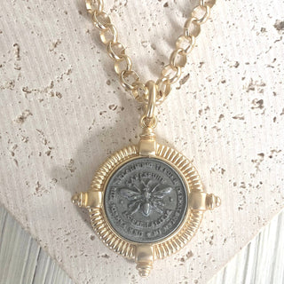 Bee necklace coin jewelry French matte gold boutique - Boutique Bella BellaNeckalce