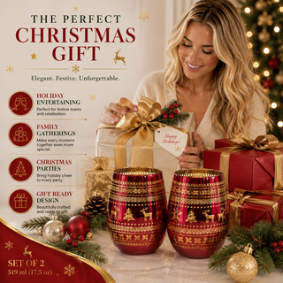 Crystal Christmas Tree Wine Water Glasses Set Of 2 Holiday Themed Red Gold Etched Winter Snow Wonder